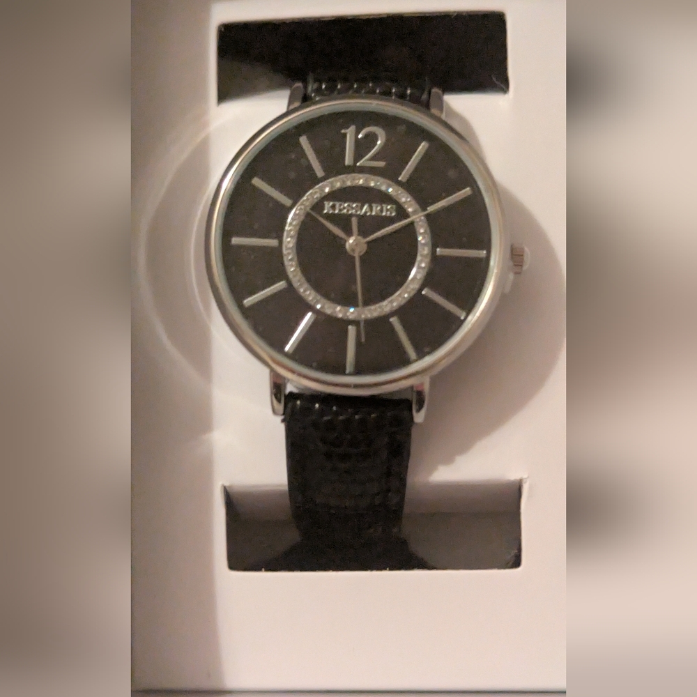 Kessaris Watch Black Dial Round Silver Tone Case Black Band NIB